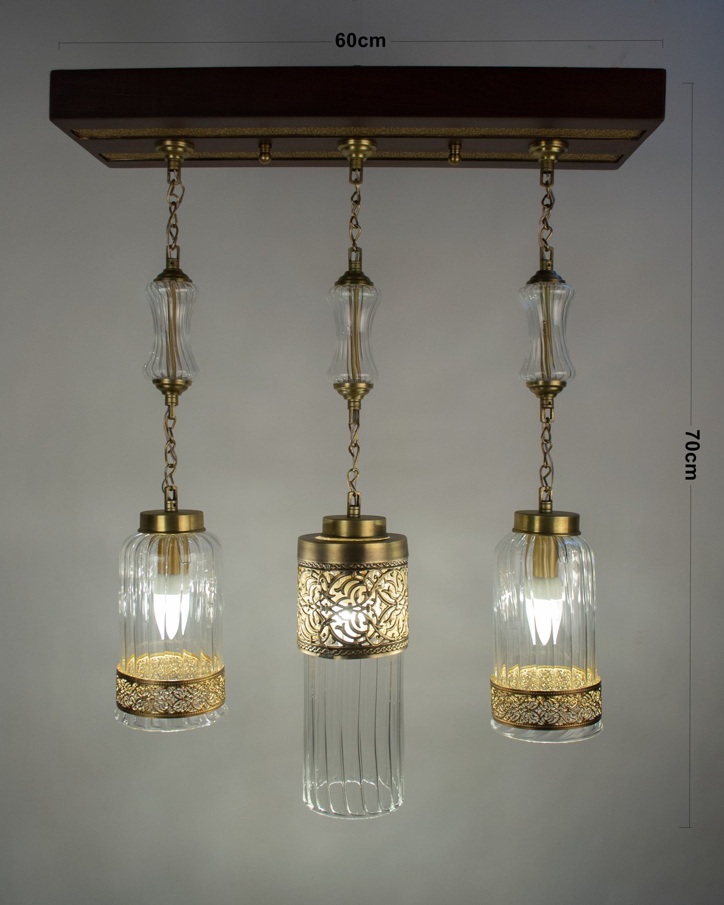 Arabesque Radiance Linear Chandelier – 60cm Wooden Base with Hanging Pendants