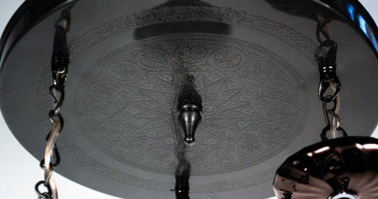 Naqsh pointed sphere round chandelier - 30cm inscribed brass base with 3 hanging pendants