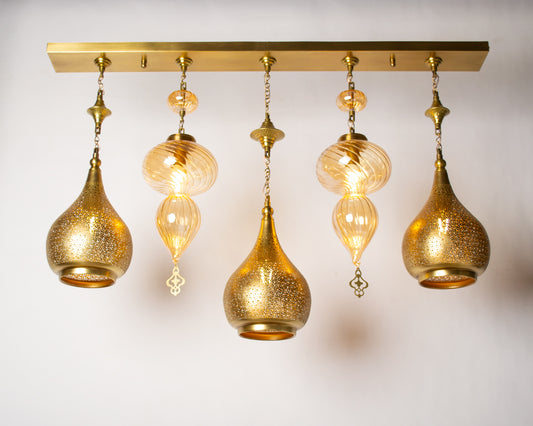 Naqsh modern Tulip linear chandelier - 105 cm brass base with 5 hanging pendants