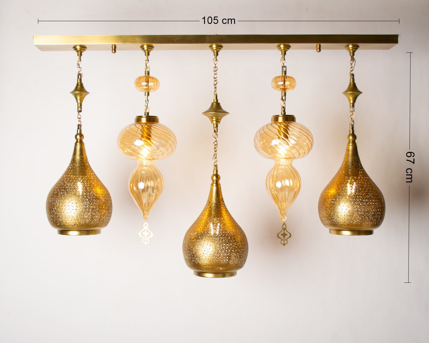Naqsh modern Tulip linear chandelier - 105 cm brass base with 5 hanging pendants