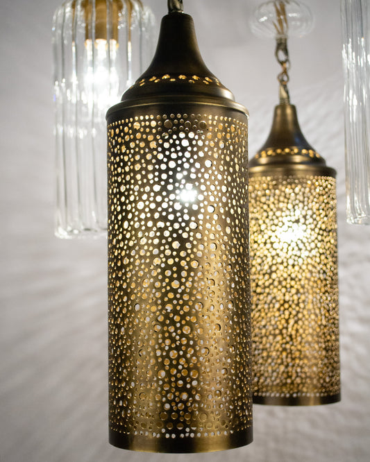 Naqsh modern cylinder chandelier- 40cm brass base with 4 hanging pendants
