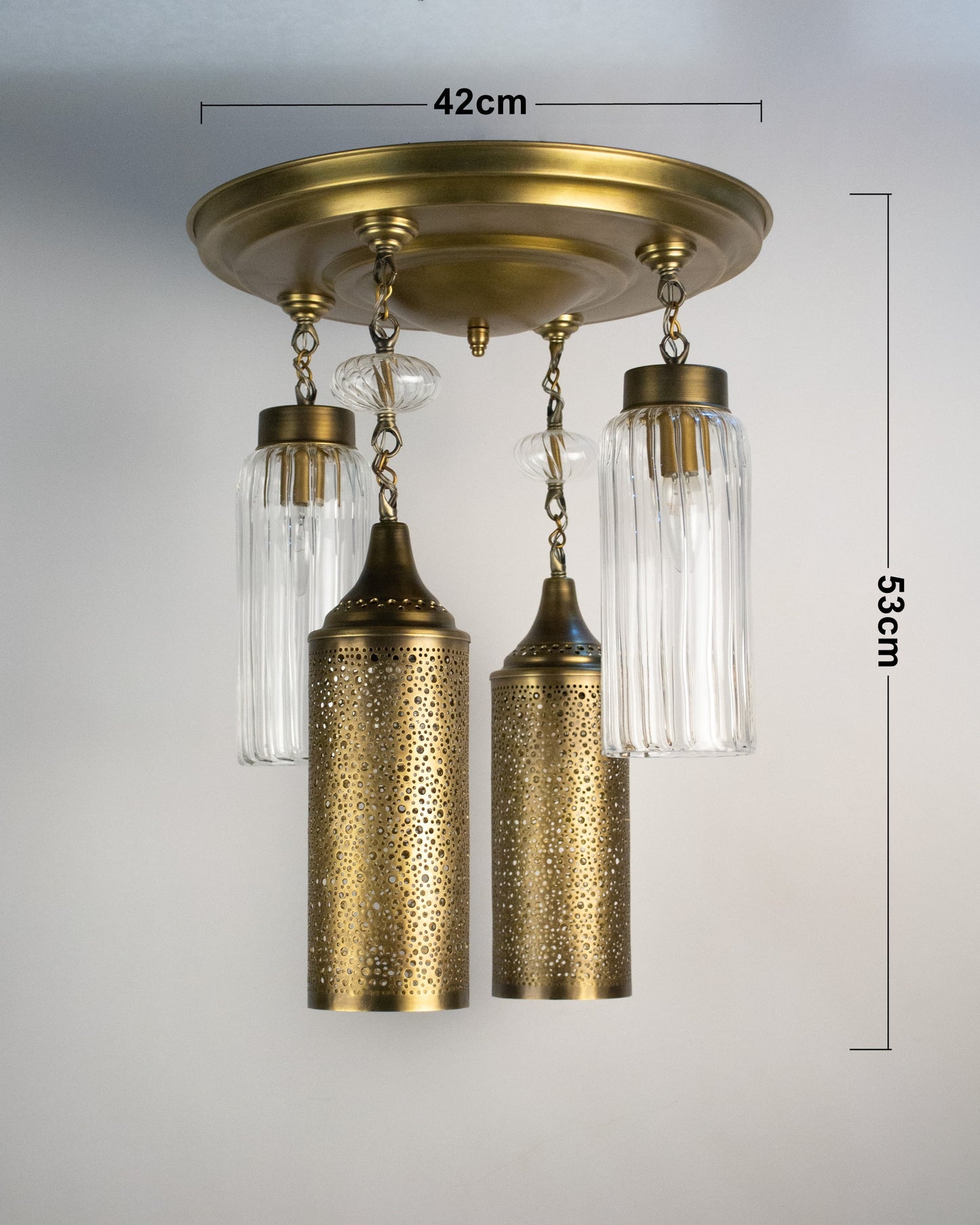 Naqsh modern cylinder chandelier- 40cm brass base with 4 hanging pendants