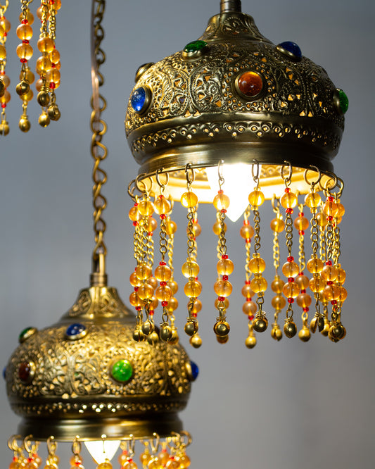 Repoussé glass inlay round chandelier - 25cm metal base with 3 hanging pendants