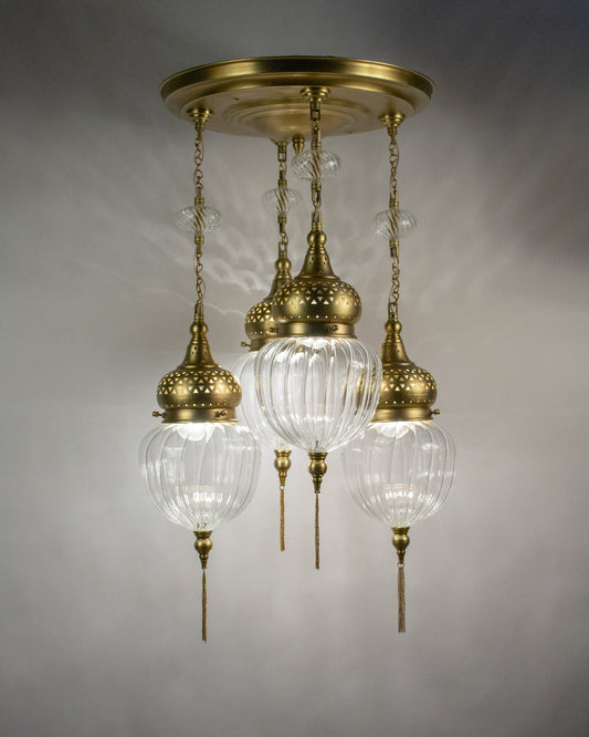 Naqsh triangle dome round chandelier - brass base with 4 hanging pendants