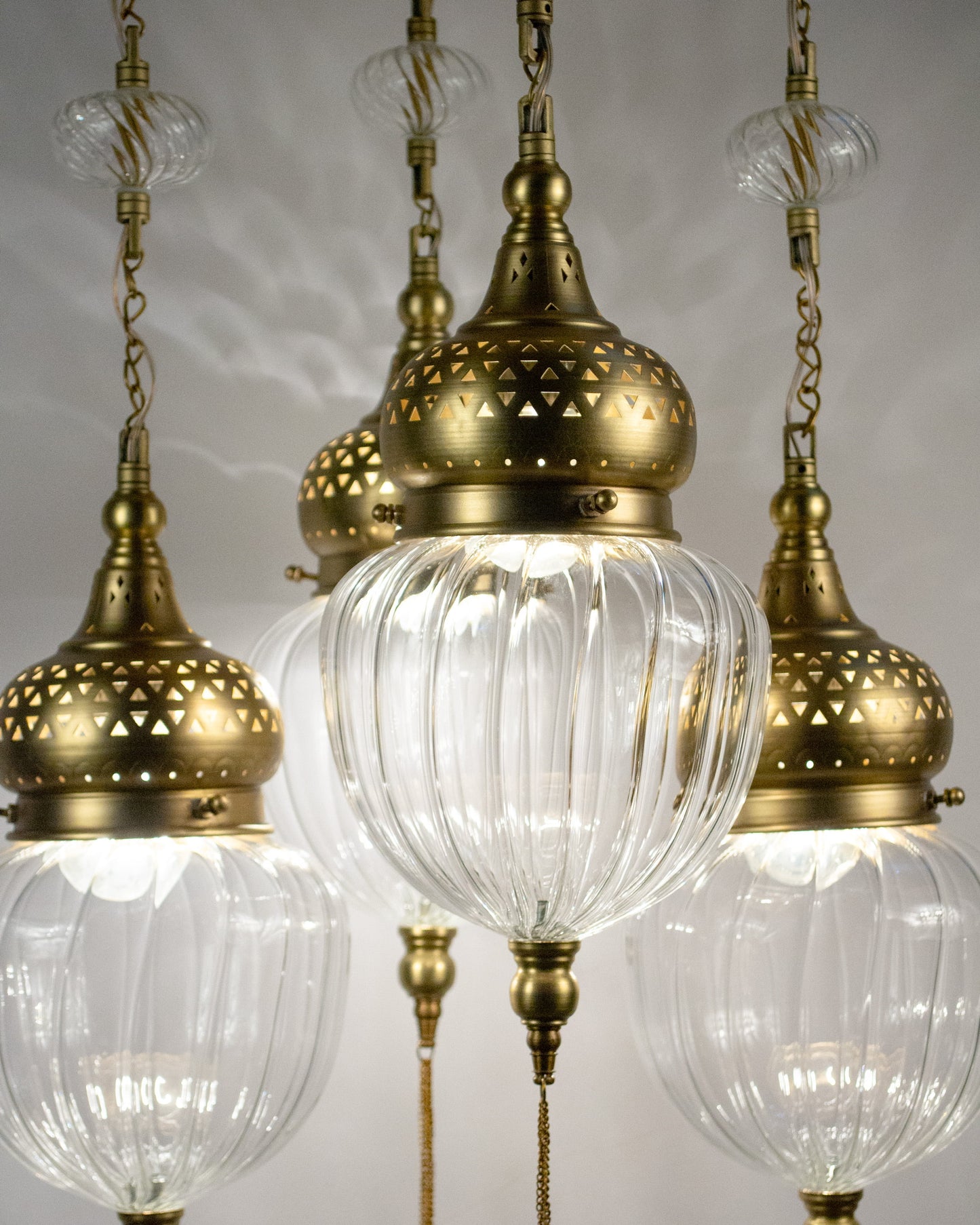 Naqsh triangle dome round chandelier - brass base with 4 hanging pendants