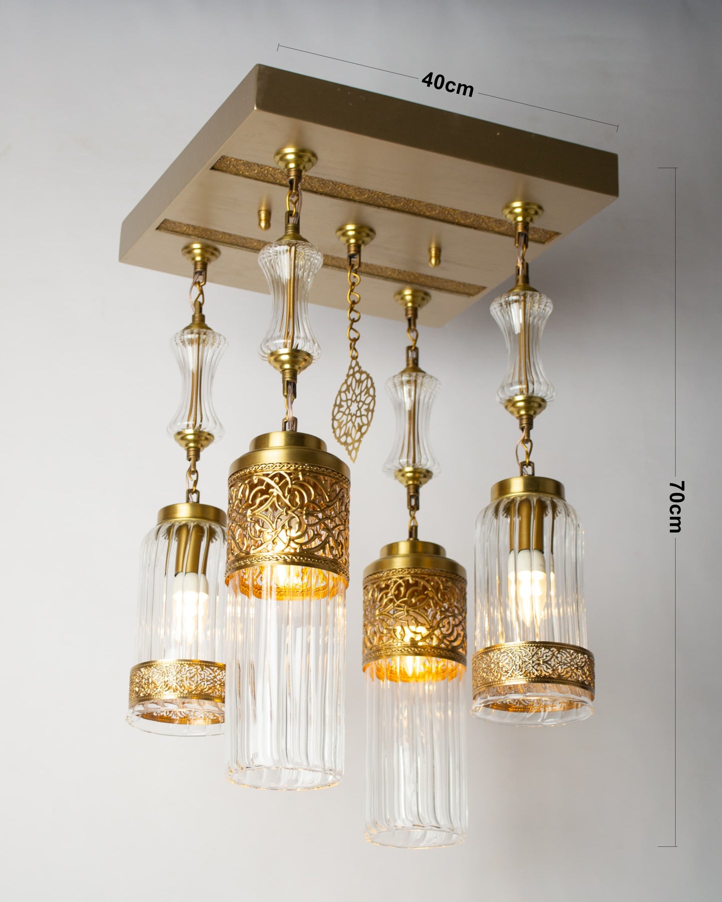 Arabesque Radiance square Chandelier – 40x40cm Wooden Base with Hanging Pendants