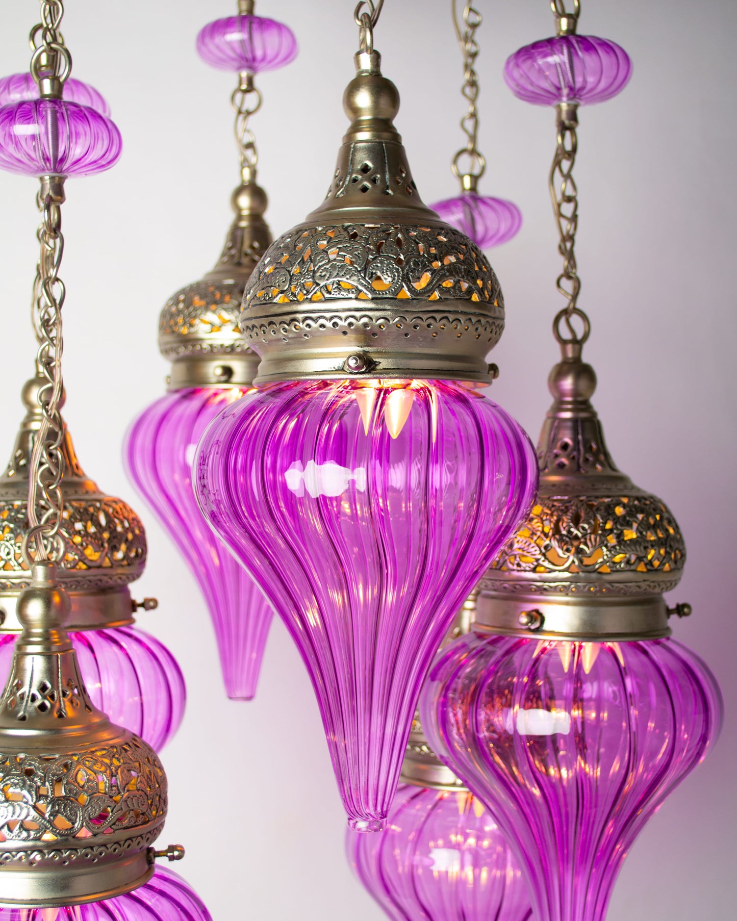 Repoussé dome round chandelier - 40cm brass base with 6 hanging pendants