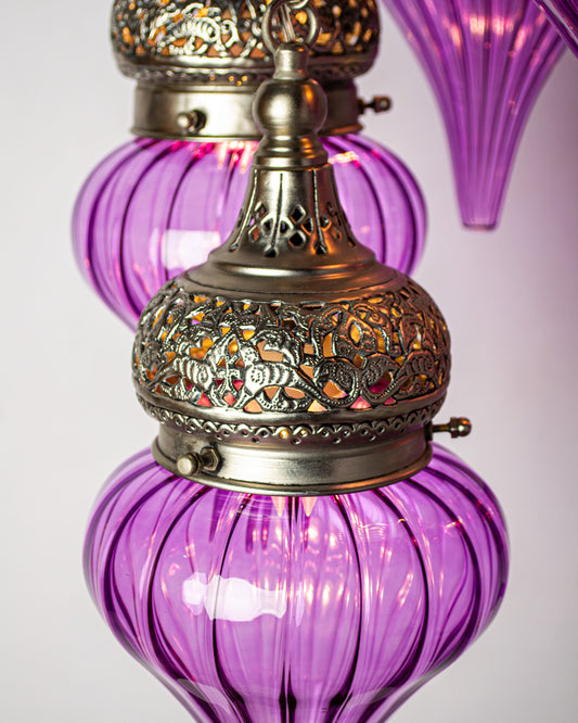 Repoussé dome round chandelier - 40cm brass base with 6 hanging pendants