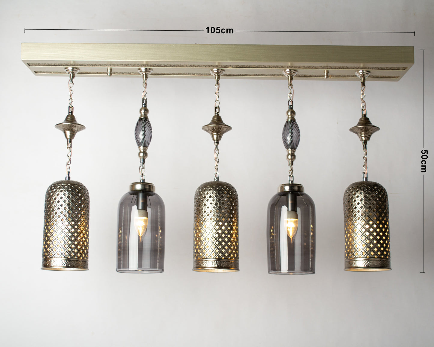 Martelé cylinder linear chandelier - 105cm wood base with 5 hanging pendants