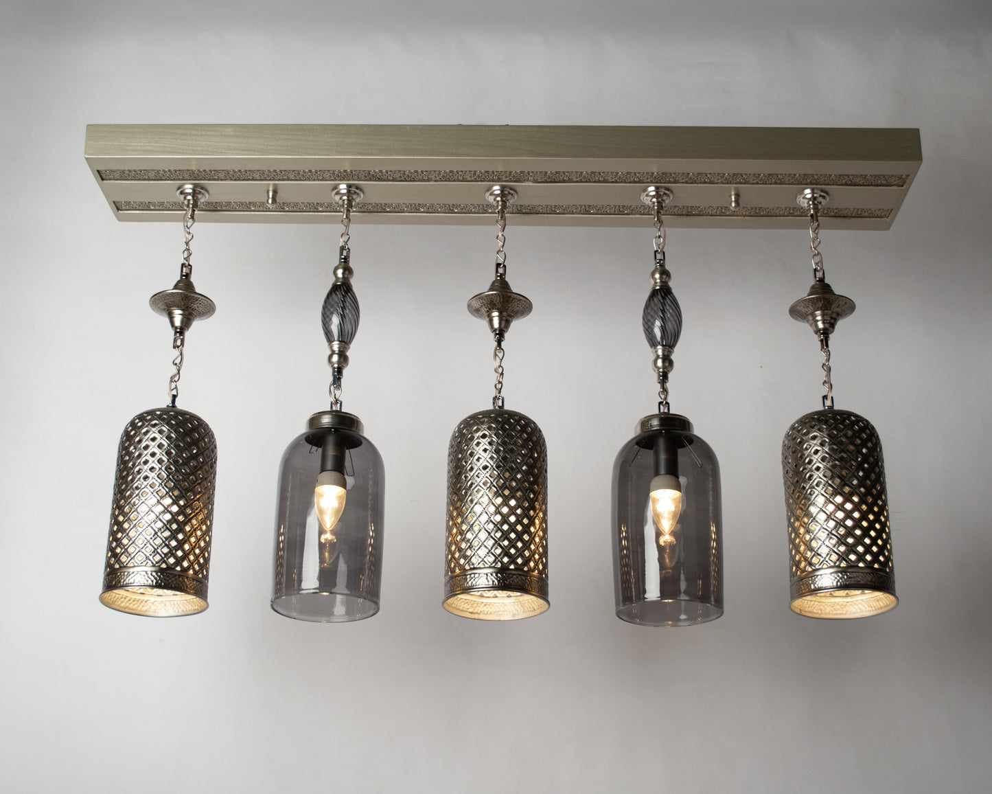 Martelé cylinder linear chandelier - 105cm wood base with 5 hanging pendants