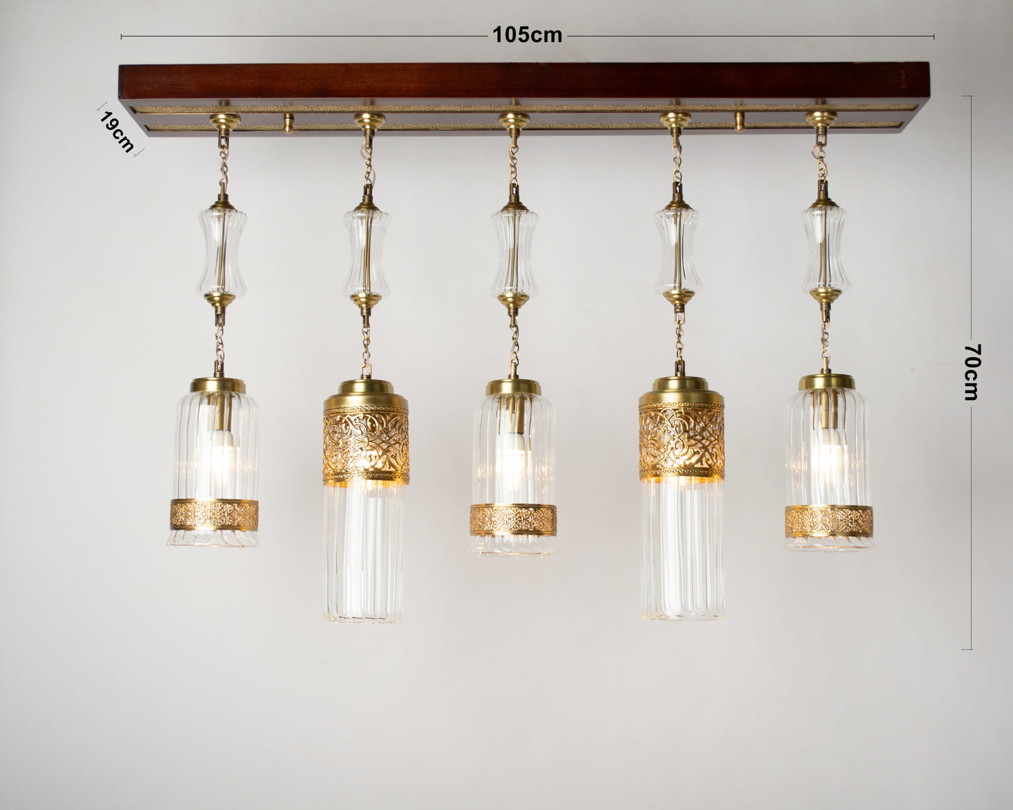Arabesque Radiance Linear Chandelier – 105 cm Wooden Base with Hanging Pendants