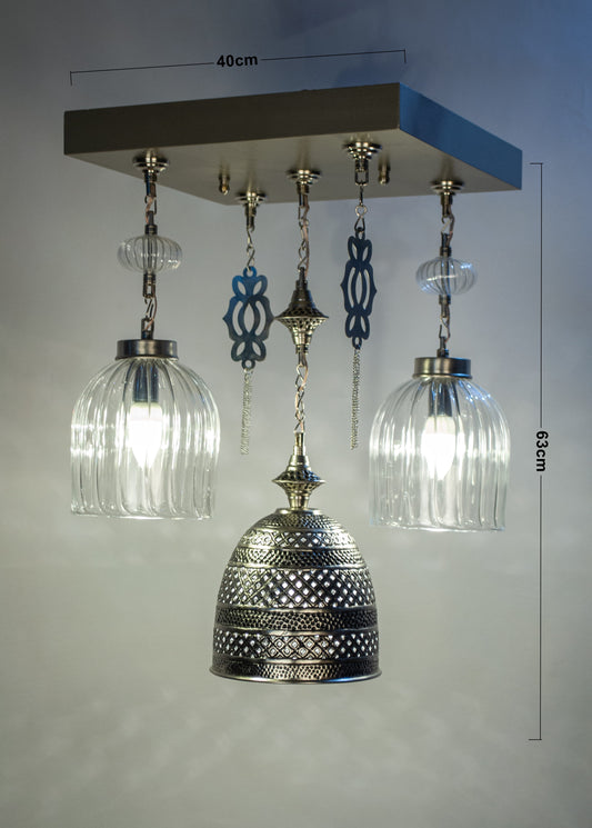 Martelé modern square chandelier - 40cm wood base with 3 hanging pendants