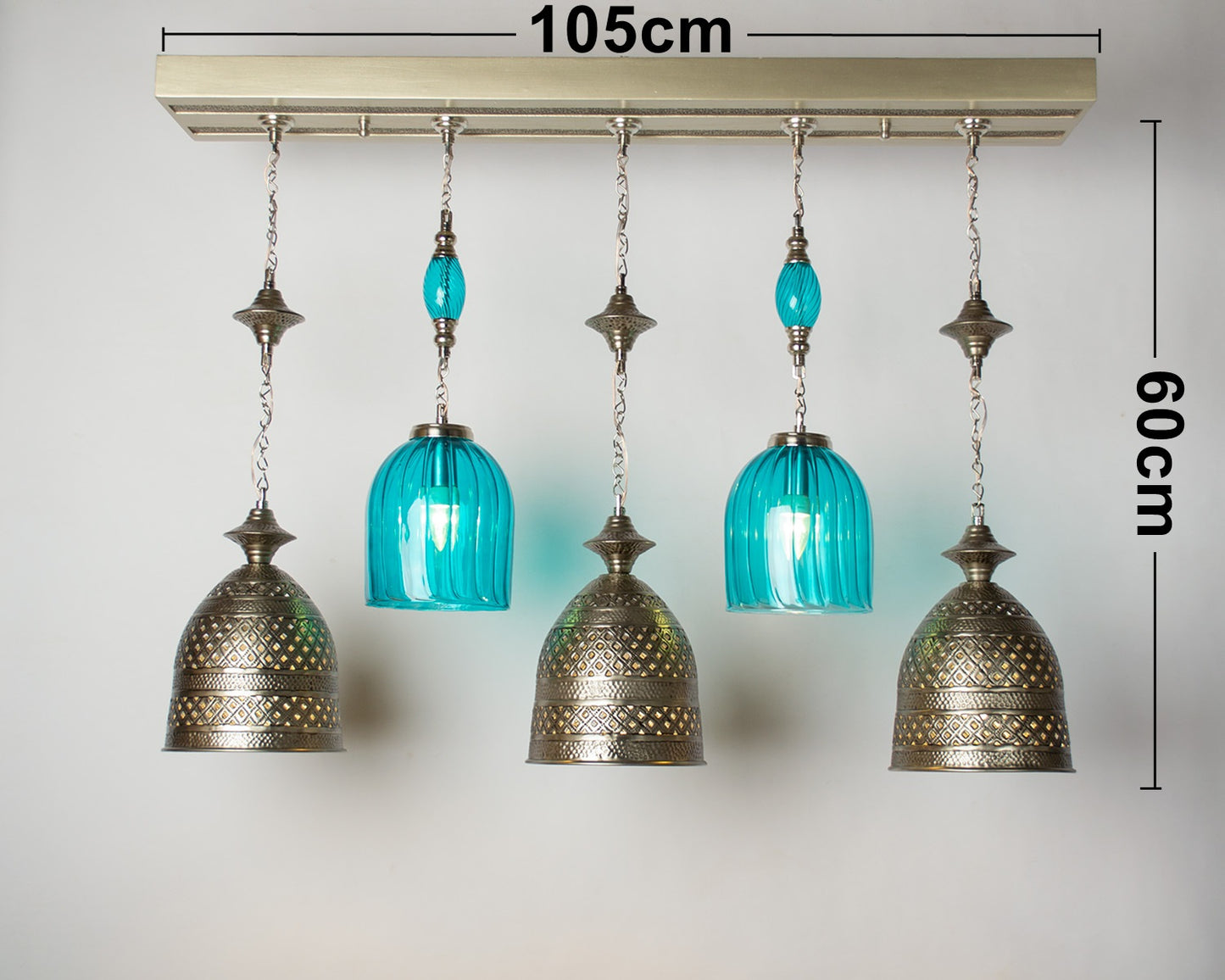 Martelé modern linear chandelier - 105cm wood base with 5 hanging pendants