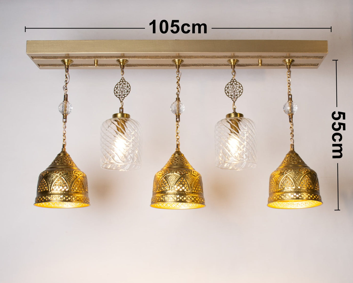 Martelé classic linear chandelier - 105cm wood base with 5 hanging pendants