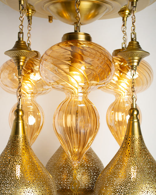 Naqsh modern Tulip round chandelier - 45 cm brass base with 6 hanging pendants