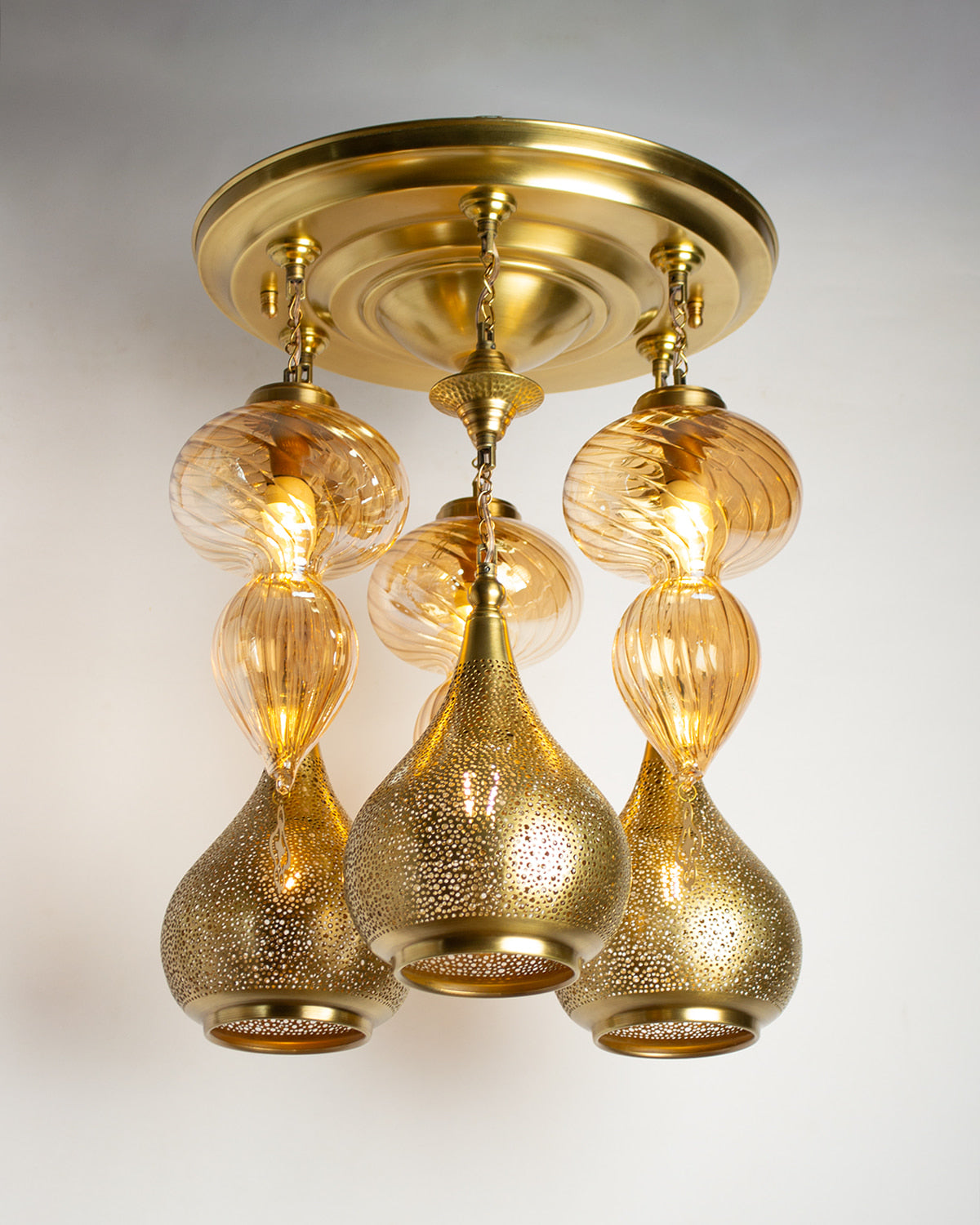 Naqsh modern Tulip round chandelier - 45 cm brass base with 6 hanging pendants