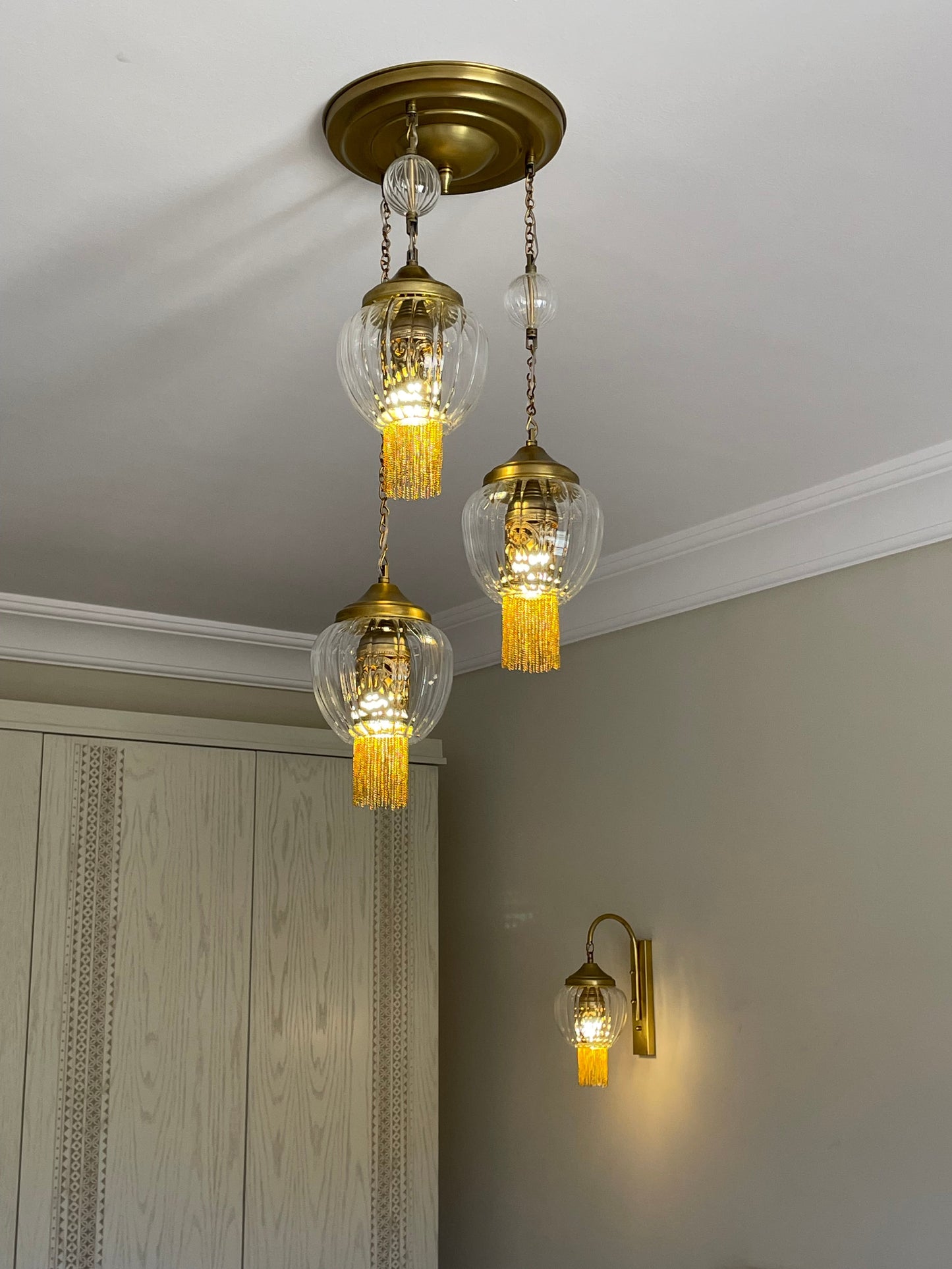 Arabesque radiance inside out round chandelier - 32cm Brass base with hanging pendants