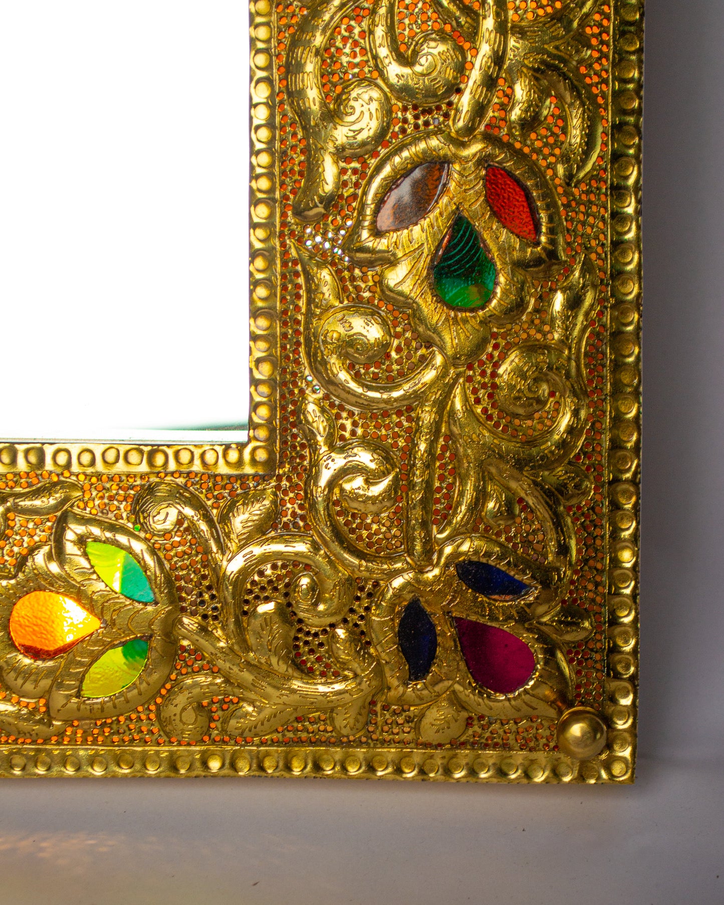 Repoussé glass inlay light up mirror