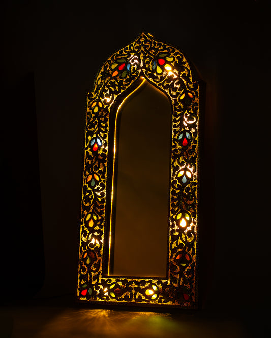 Repoussé glass inlay light up mirror