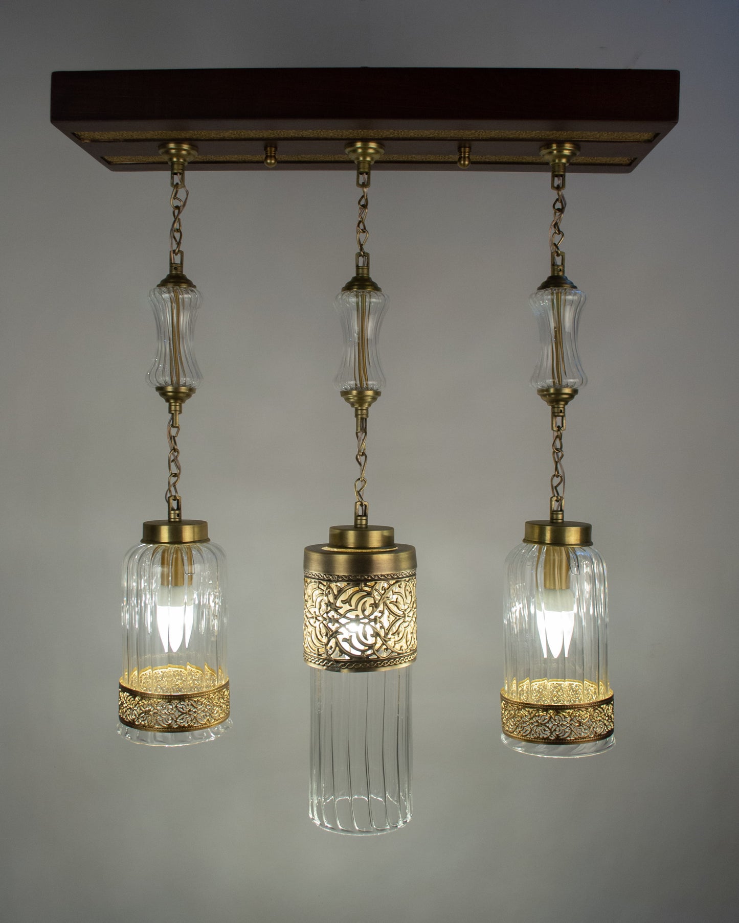 Arabesque Radiance Linear Chandelier – 60cm Wooden Base with Hanging Pendants