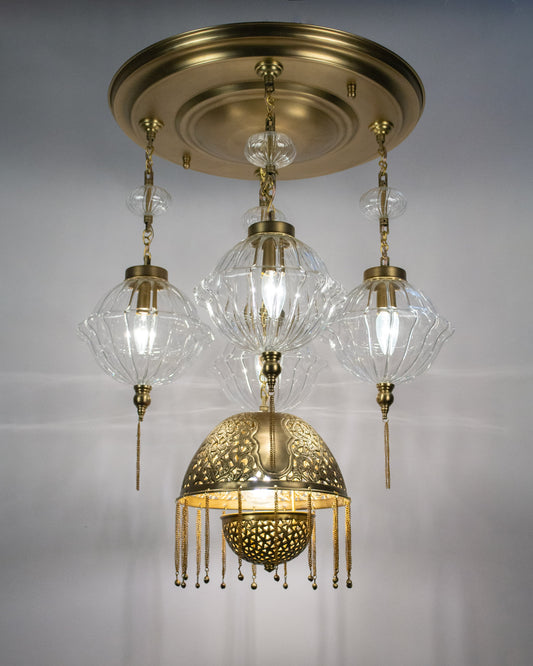 Repoussé Fez round chandelier - 40cm brass base with 5 hanging pendants