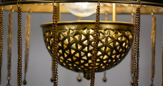 Repoussé Fez round chandelier - 40cm brass base with 5 hanging pendants
