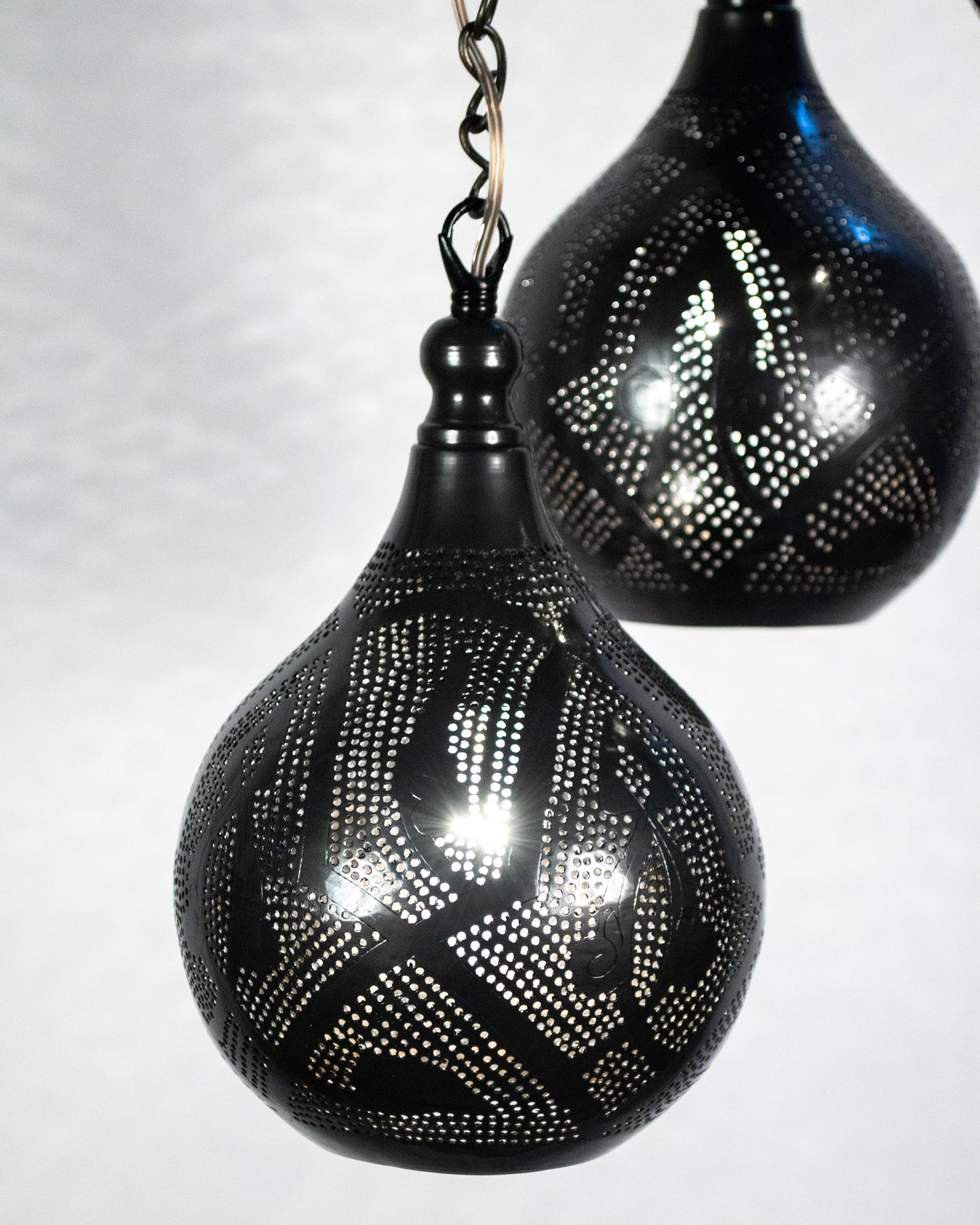 Naqsh pointed sphere round chandelier - 30cm inscribed brass base with 3 hanging pendants