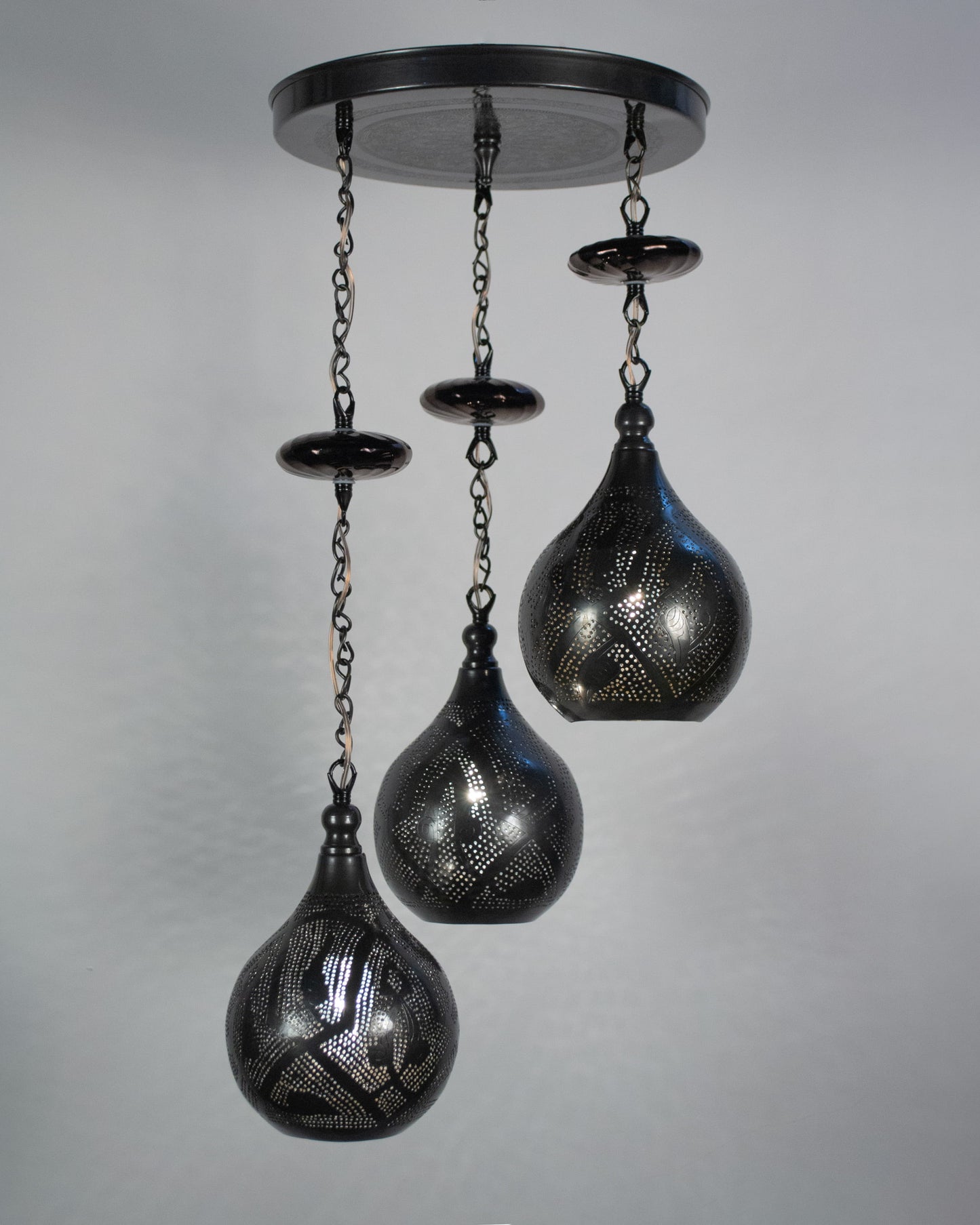 Naqsh pointed sphere round chandelier - 30cm inscribed brass base with 3 hanging pendants