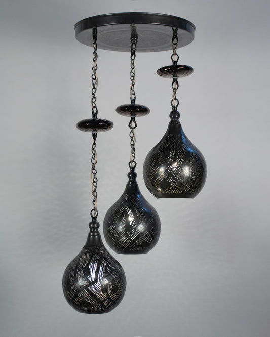 Naqsh pointed sphere round chandelier - 30cm inscribed brass base with 3 hanging pendants