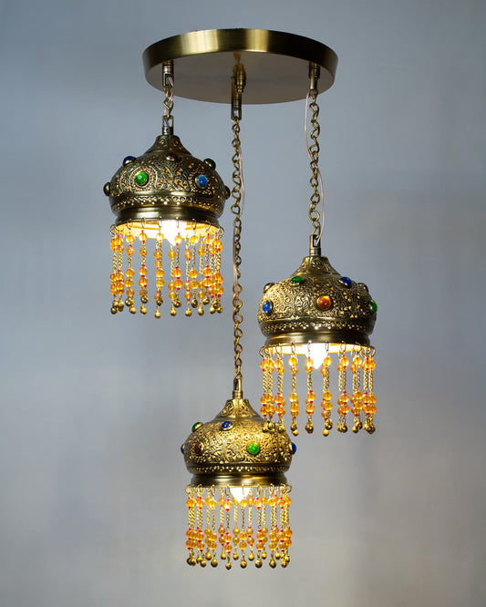Repoussé glass inlay round chandelier - 25cm metal base with 3 hanging pendants