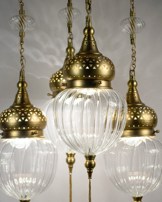 Naqsh triangle dome round chandelier - brass base with 4 hanging pendants
