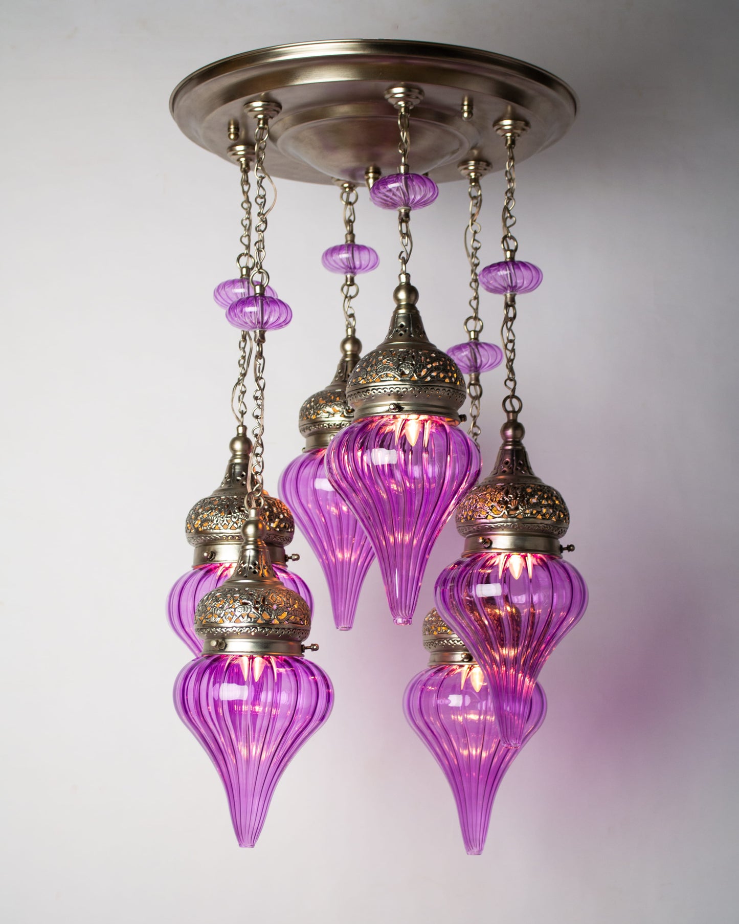 Repoussé dome round chandelier - 40cm brass base with 6 hanging pendants