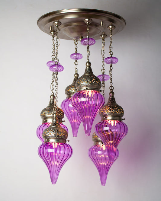 Repoussé dome round chandelier - 40cm brass base with 6 hanging pendants