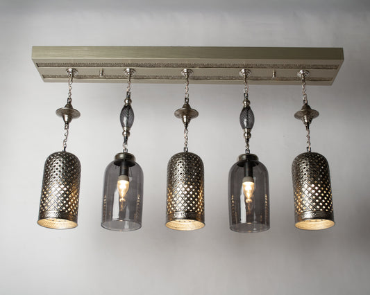Martelé cylinder  linear chandelier - 105cm wood base with 5 hanging pendants