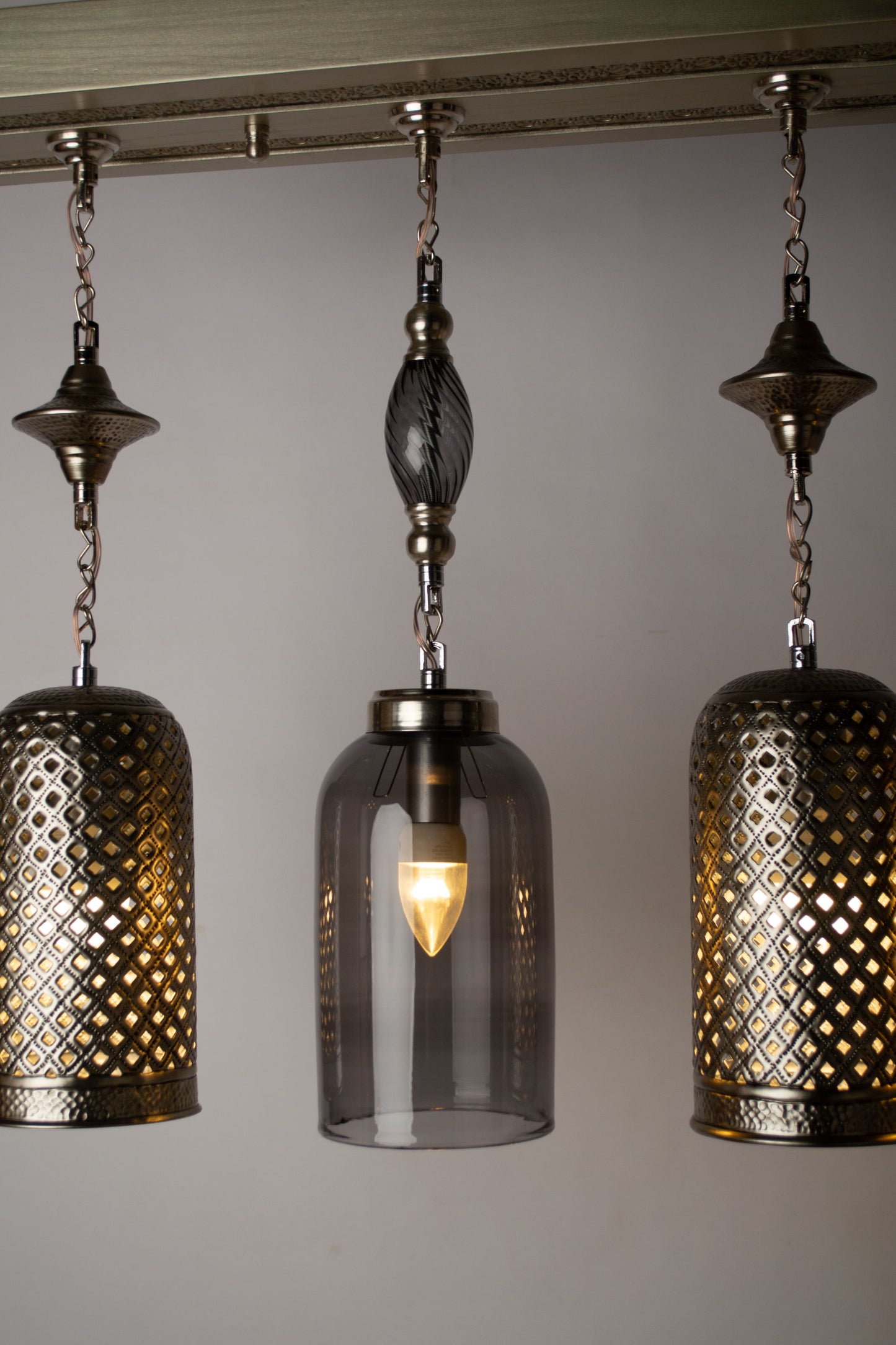 Martelé cylinder  linear chandelier - 105cm wood base with 5 hanging pendants