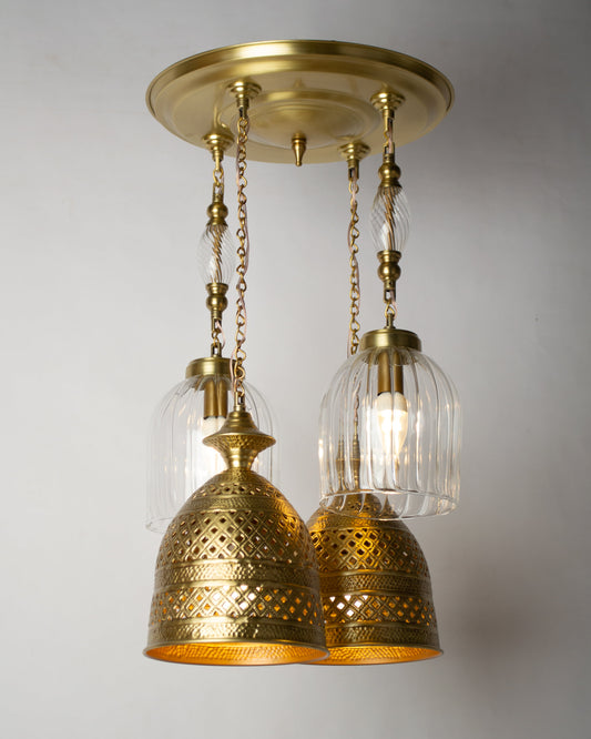 Martelé modern round chandelier - 32cm brass base with 4 hanging pendants