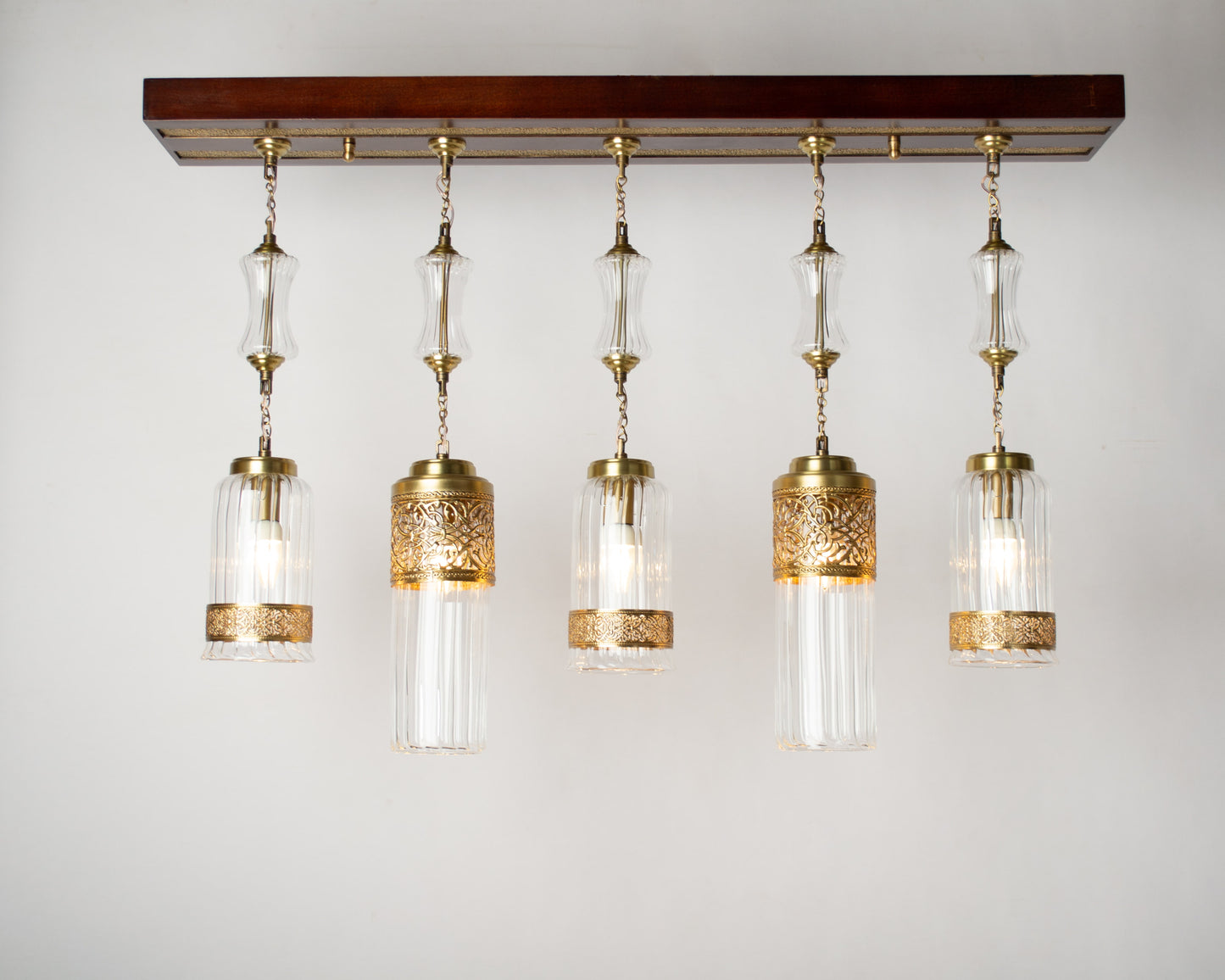 Arabesque Radiance Linear Chandelier – 105 cm Wooden Base with Hanging Pendants