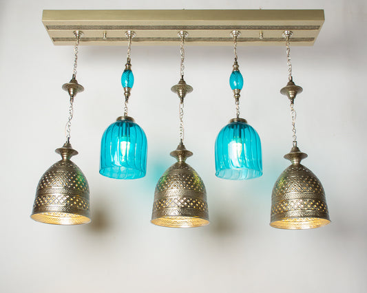 Martelé modern linear chandelier - 105cm wood base with 5 hanging pendants