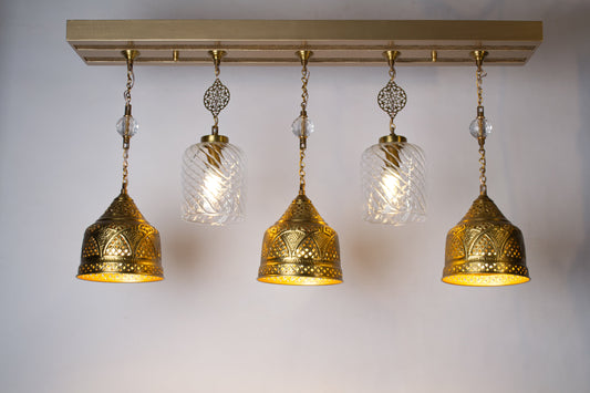 Martelé classic linear chandelier - 105cm wood base with 5 hanging pendants