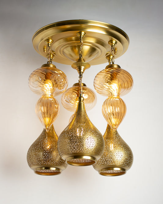 Naqsh modern Tulip round chandelier - 45 cm brass base with 6 hanging pendants