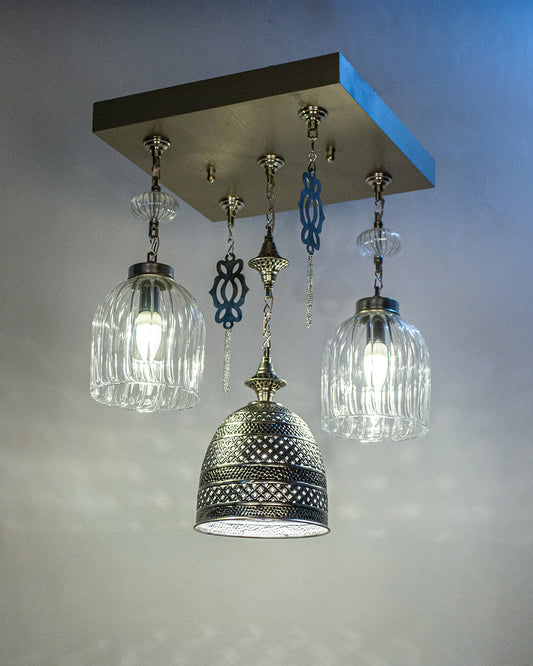 Martelé modern square chandelier - 40cm wood base with 3 hanging pendants