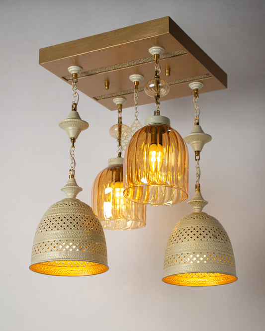 Martelé modern square chandelier - 40cm wood base with 4 hanging pendants
